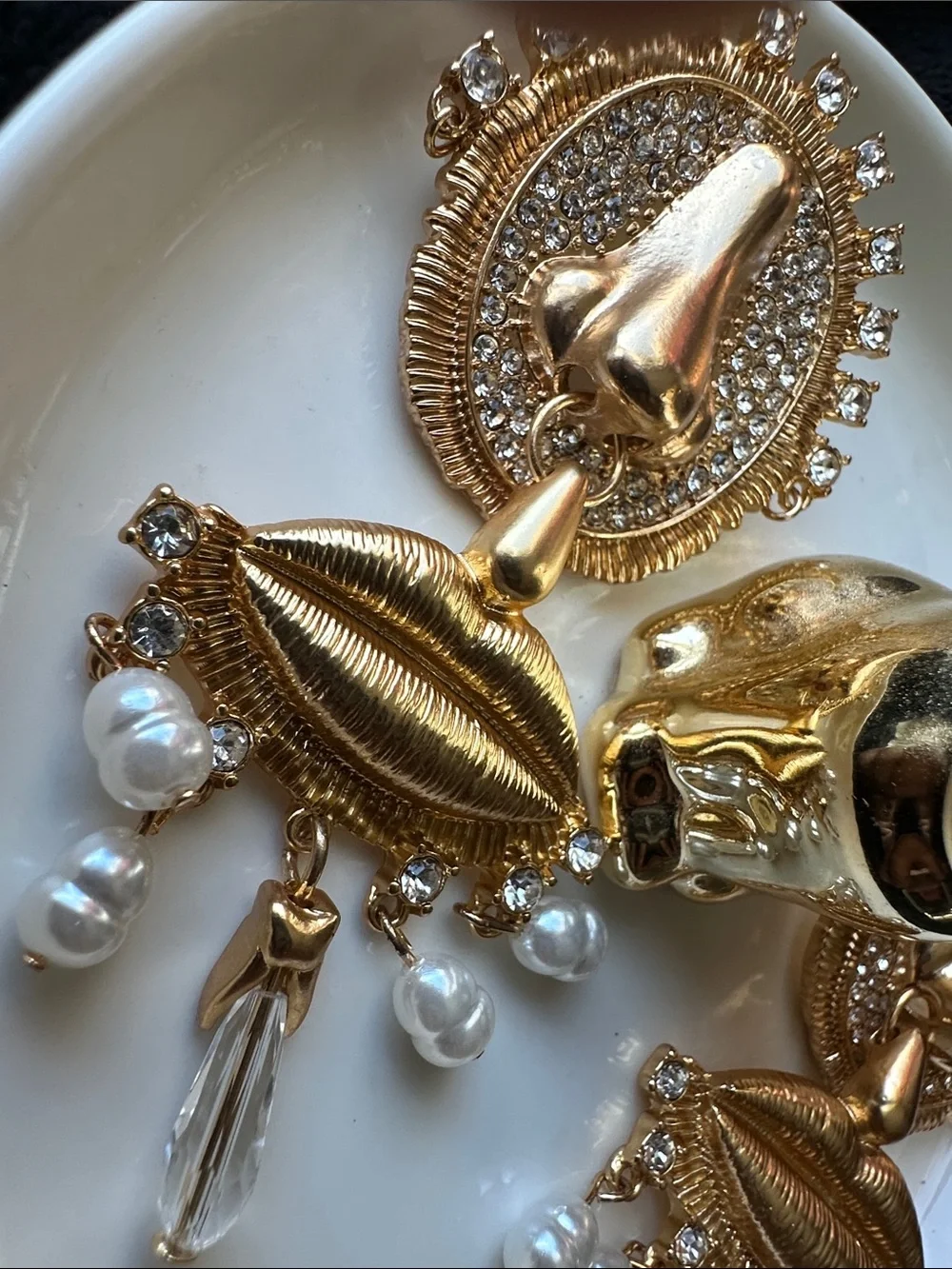 Gold-Tone Lip & Nose Statement Drop Earrings with Pearls